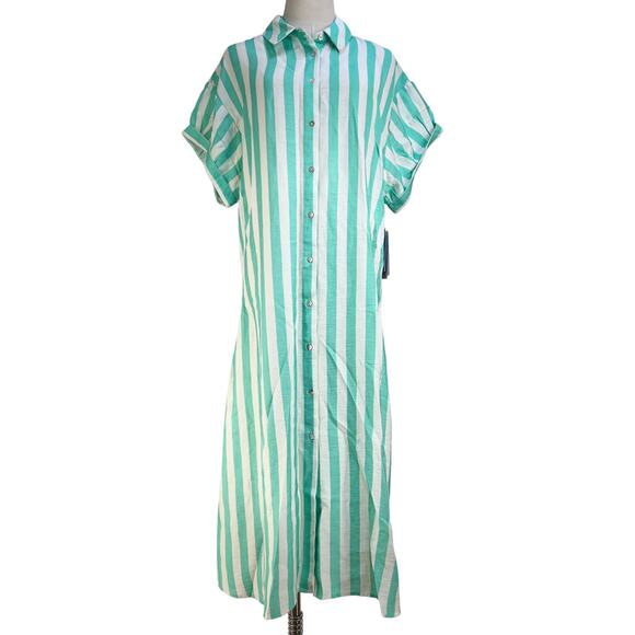 Never A Wallflower Aster Short Sleeve Shirt Dress Stripes Green